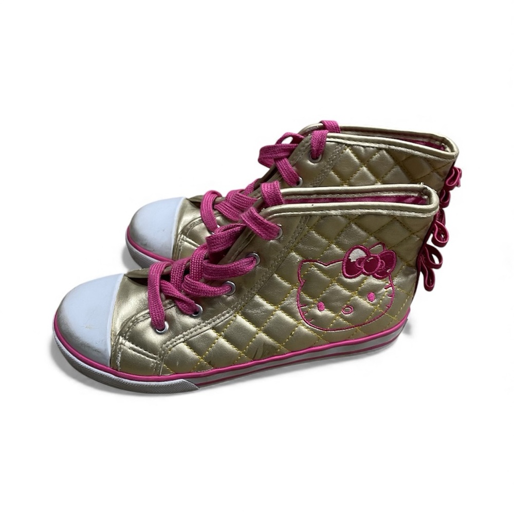 Hello Kitty quilted high-top sneakers in gold with pink laces. Size 3